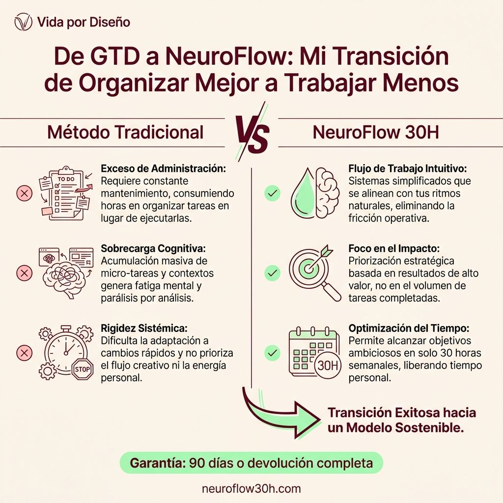 Infografía: De GTD a NeuroFlow: Mi Transición de Organizar Mejor a Trabajar Menos