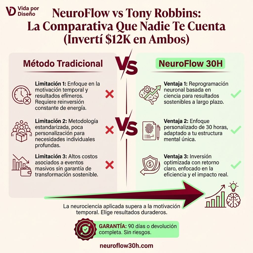 Infografía: NeuroFlow vs Tony Robbins: La Comparativa Que Nadie Te Cuenta (Invertí $12K en Ambos)