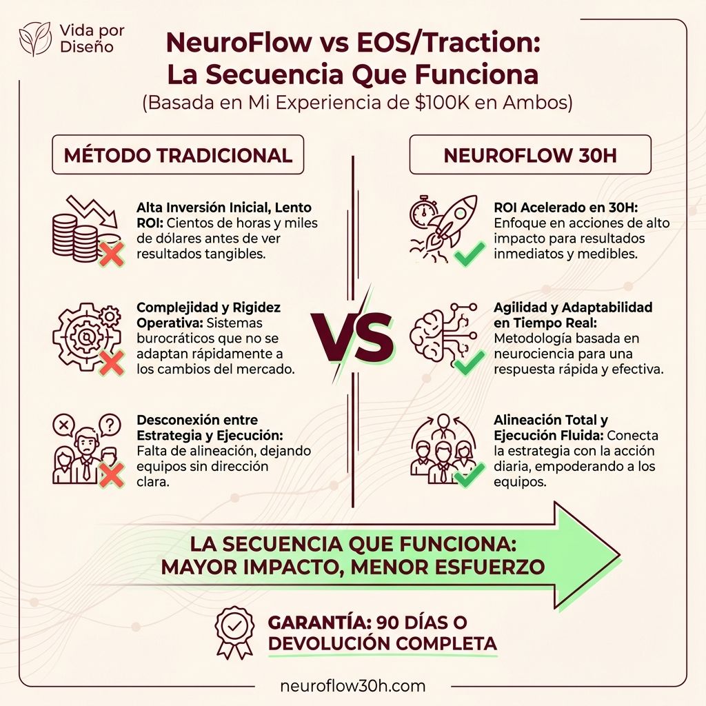 Infografía: NeuroFlow vs EOS/Traction: La Secuencia Que Funciona (Basada en Mi Experiencia de $100K en Ambos)