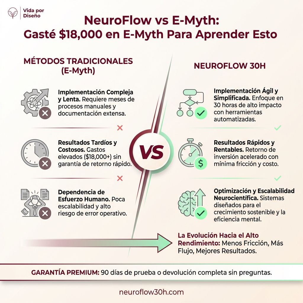 Infografía: NeuroFlow vs E-Myth: Gasté $18,000 en E-Myth Para Aprender Esto