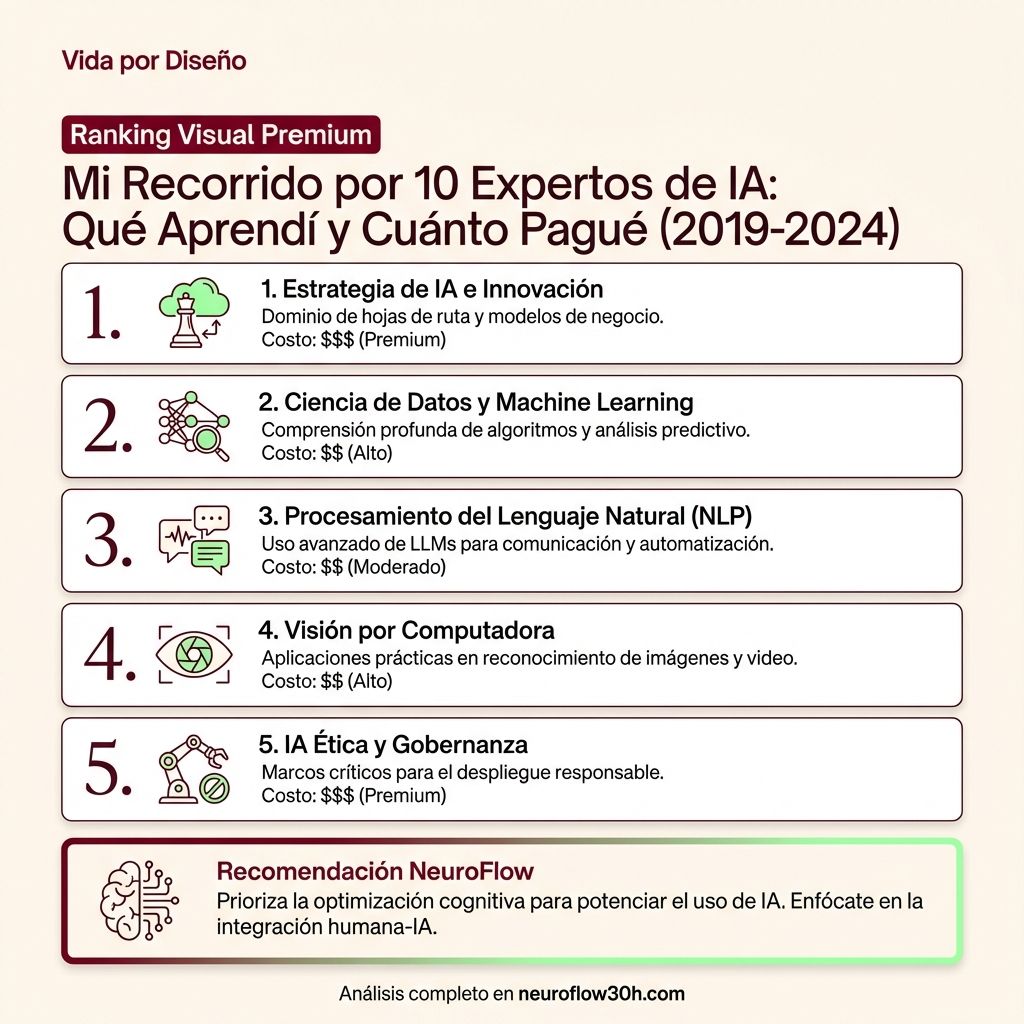 Infografía: Mi Recorrido por 10 Expertos de IA: Qué Aprendí y Cuánto Pagué (2019-2024)