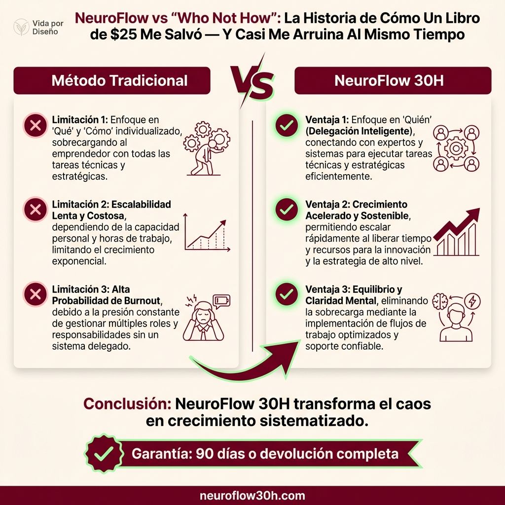 Infografía: NeuroFlow vs "Who Not How": La Historia de Cómo Un Libro de $25 Me Salvó — Y Casi Me Arruina Al Mismo Tiempo