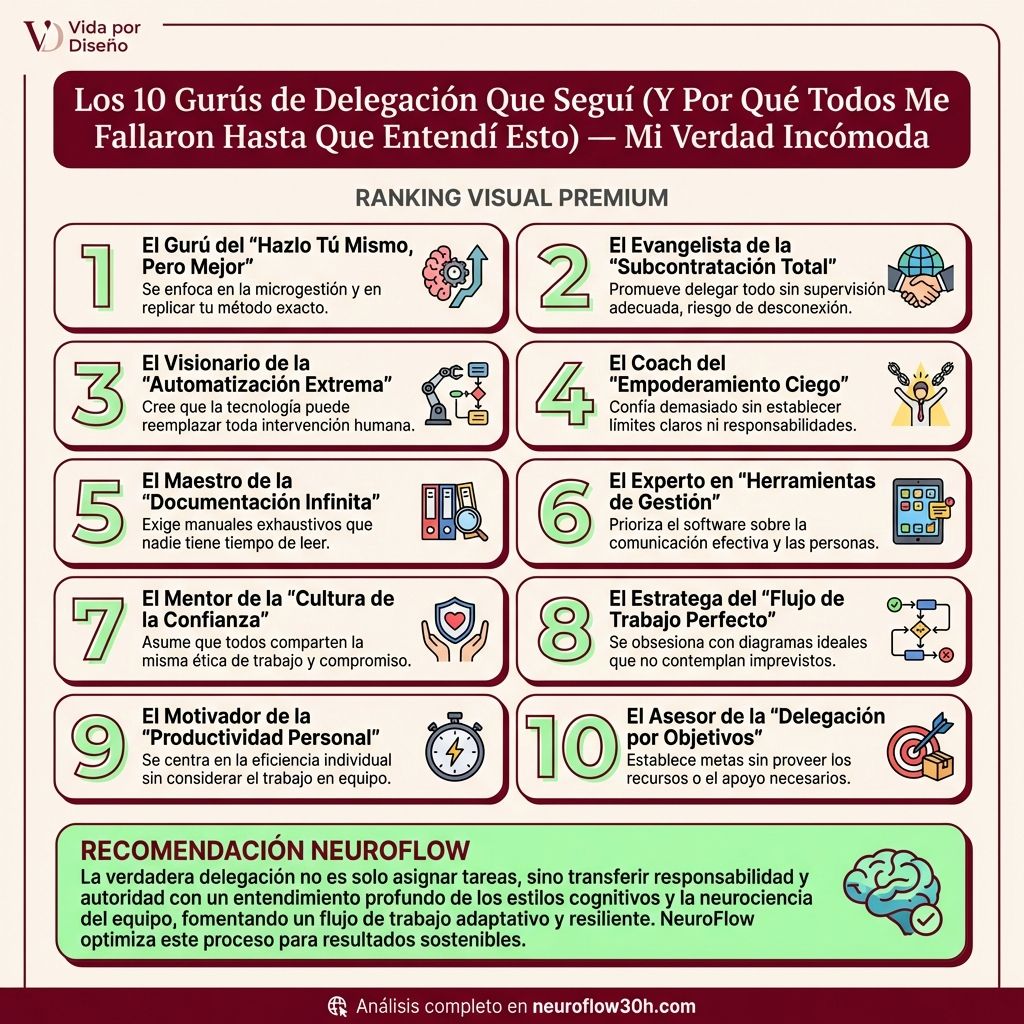 Infografía: Los 10 Gurús de Delegación Que Seguí (Y Por Qué Todos Me Fallaron Hasta Que Entendí Esto) — Mi Verdad Incómoda