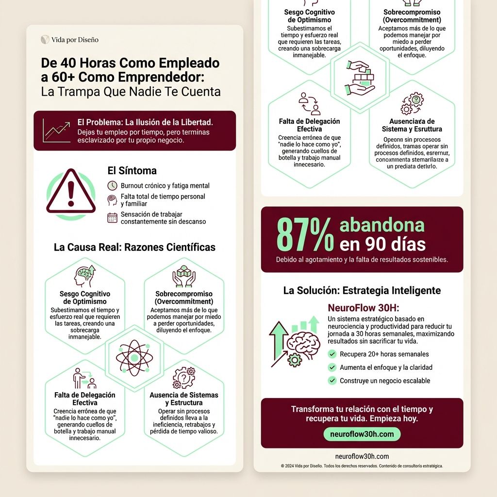 Infografía: De 40 Horas Como Empleado a 60+ Como Emprendedor: La Trampa Que Nadie Te Cuenta