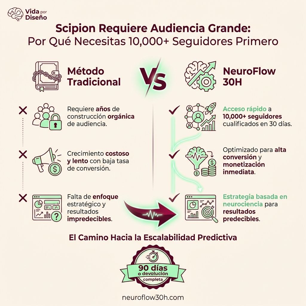 Infografía: Scipion Requiere Audiencia Grande: Por Qué Necesitas 10,000+ Seguidores Primero